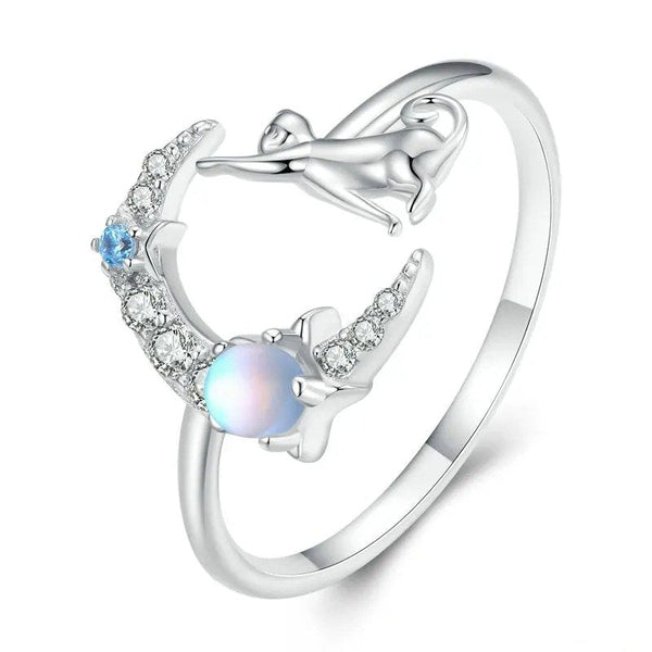 ˇFashion StreetˇCat and Moon Cute Animal Opening Ring Moonstone Adjustable Ring